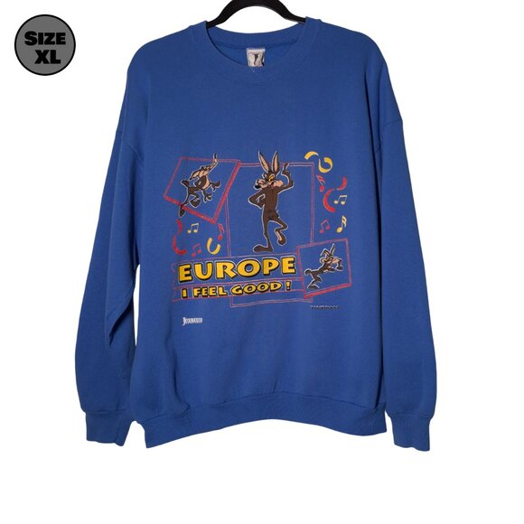 VINTAGE Wile E. Coyote: Europe I Feel Good! USED Sweatshirt (XL, Looney Tunes) - Picture 1 of 7